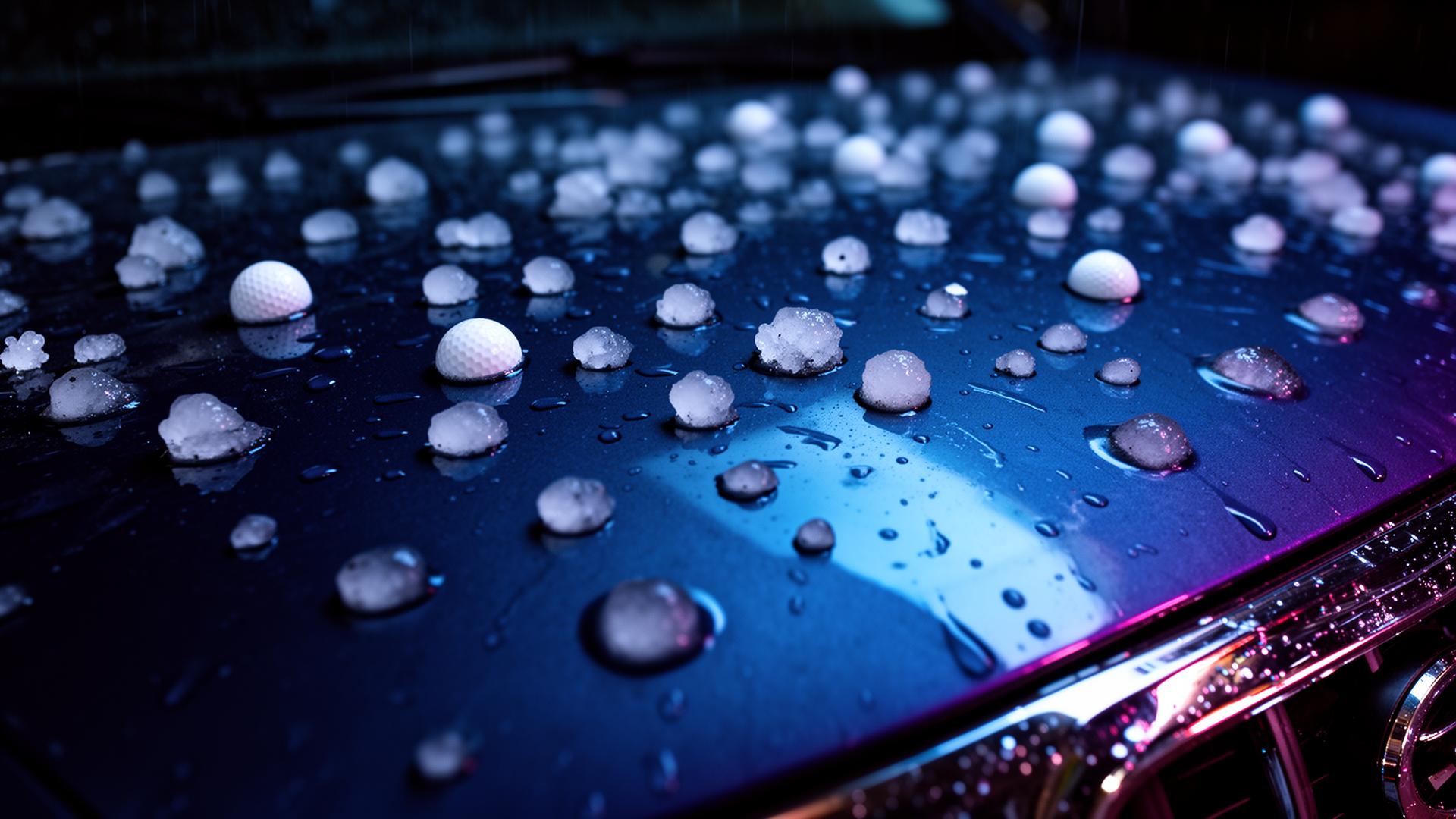Hail-damaged car hood with hailstones